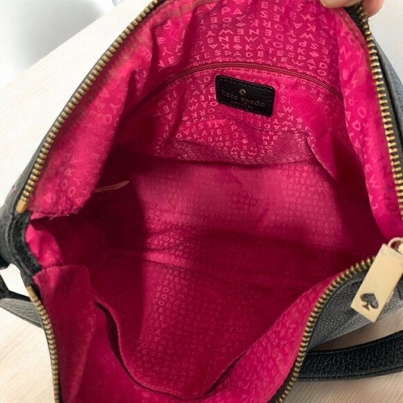 Kate Spade Black Leather hobo Shoulder Bag Pink Jacquard Lining WKRU3028 - Picture 2 of 16